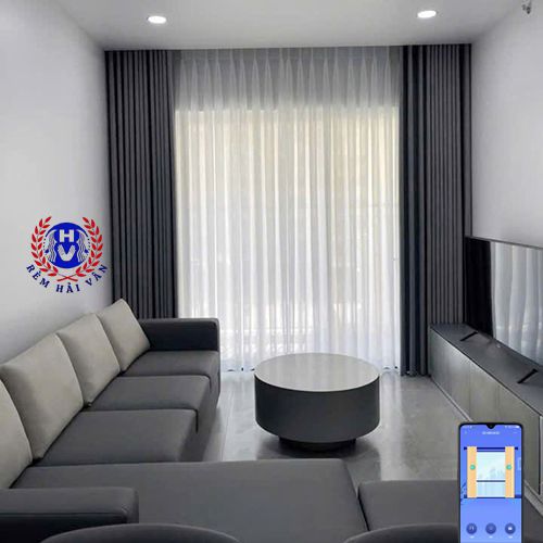 rèm vải 2 lớp phòng khách tự động