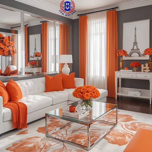 rèm vải màu cam chống nắng phòng khách